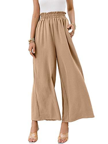 Eteviolet Women's Boho High Waisted Palazzo Pants Summer Beach Wide Leg Flowy Pants(Khaki,L)