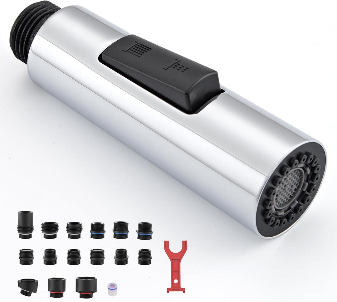 Metal Kitchen Faucet Head Replacement, 2-Mode Pull Down Kitchen Faucet Spray Head with 15 Adapters, High Pressure Sink Sprayer Nozzle Stainless Steel, Chrome