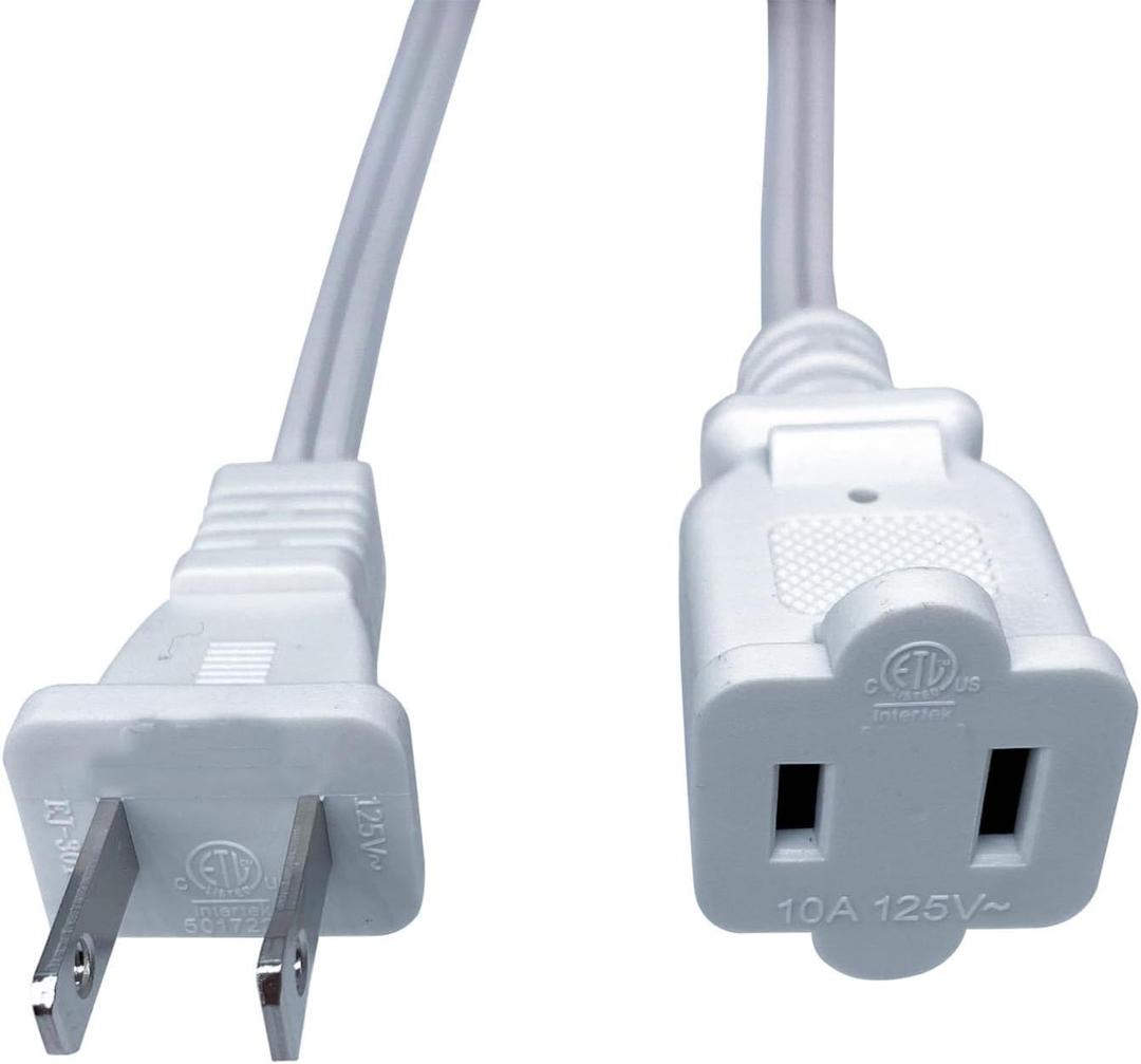 5 FT Extension Cord, White 2 Prong Power Cord Cable,Small Short 18 AWG Power Cable, US Male Female Extension Cords for Nema 1-15P to 1-15R, Used for Indoor,Home,Office,Lights