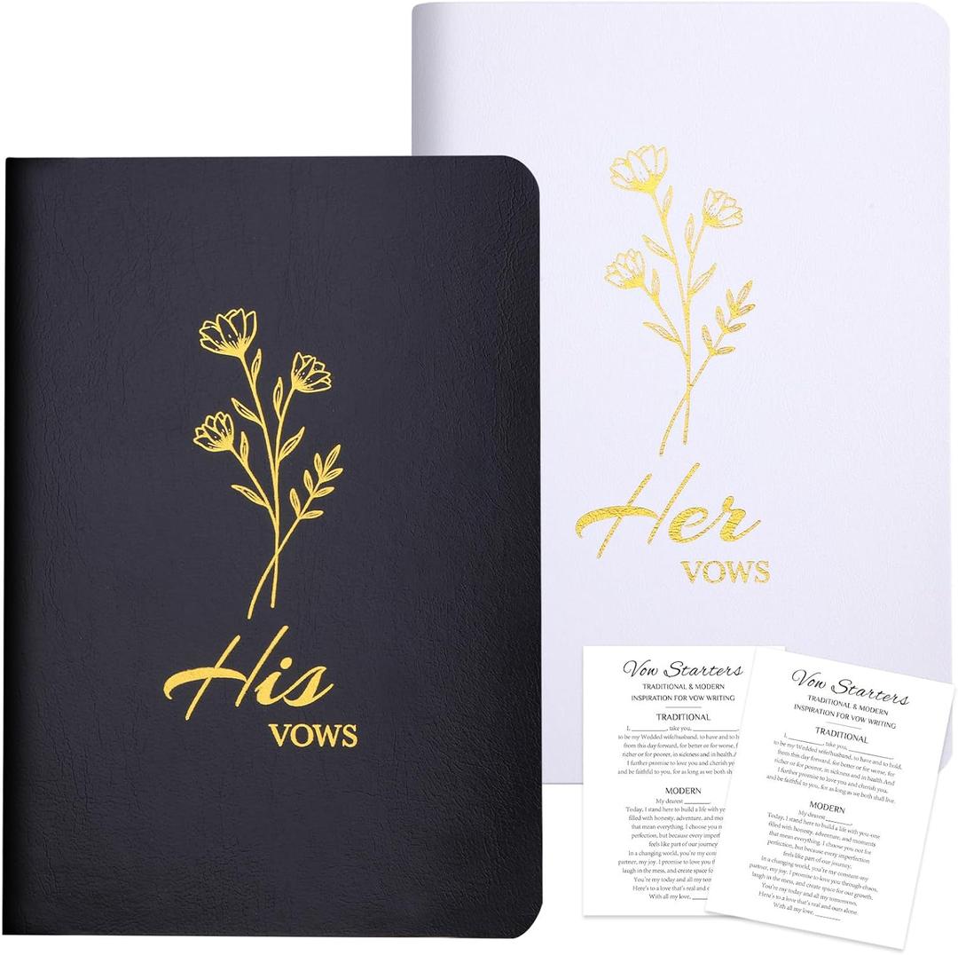 2 x XKDOUS 2 Pcs Wedding Vow Books for Her & Him Vows Book with Gold Foil Lettering, Lined Pages, Vow Starter Cards, His & Hers Writing Notebook for Wedding Day Ceremony Vows (Black+White)