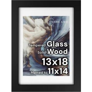 Frame Amo 13x18 Black Solid Wood Poster Frame, White Mat for 11x14 Image, Tempered Glass Front, 1.5 inch Wide, 1 inch Thick, High-End, Heavy-Duty, Gallery Grade & Acid-Free