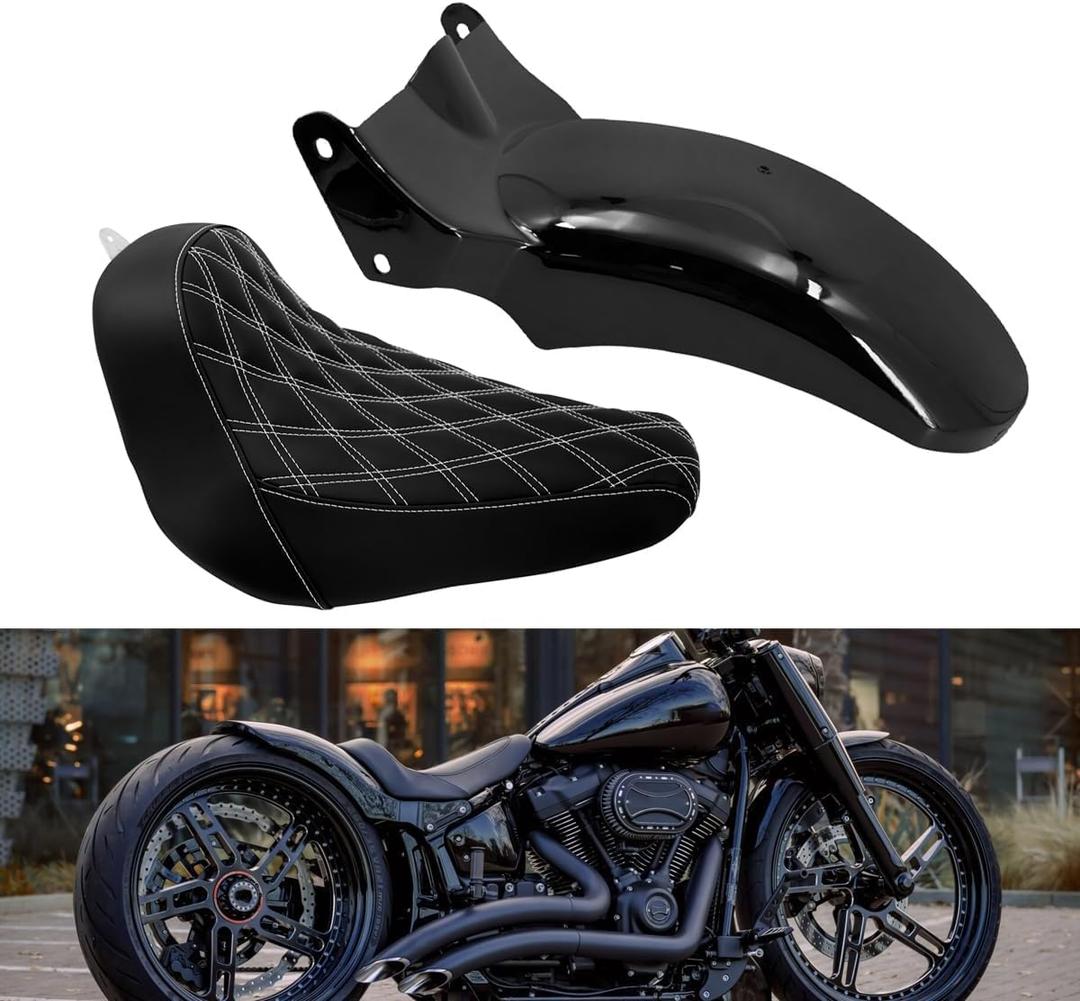 Motorcycle Rear Fender + Solo Seat Short Mudguard with Tail Turn Signal Brake Light Kit Fit for Harley Softail Fat Boy FXBRS 2018-2023 (White Thread)