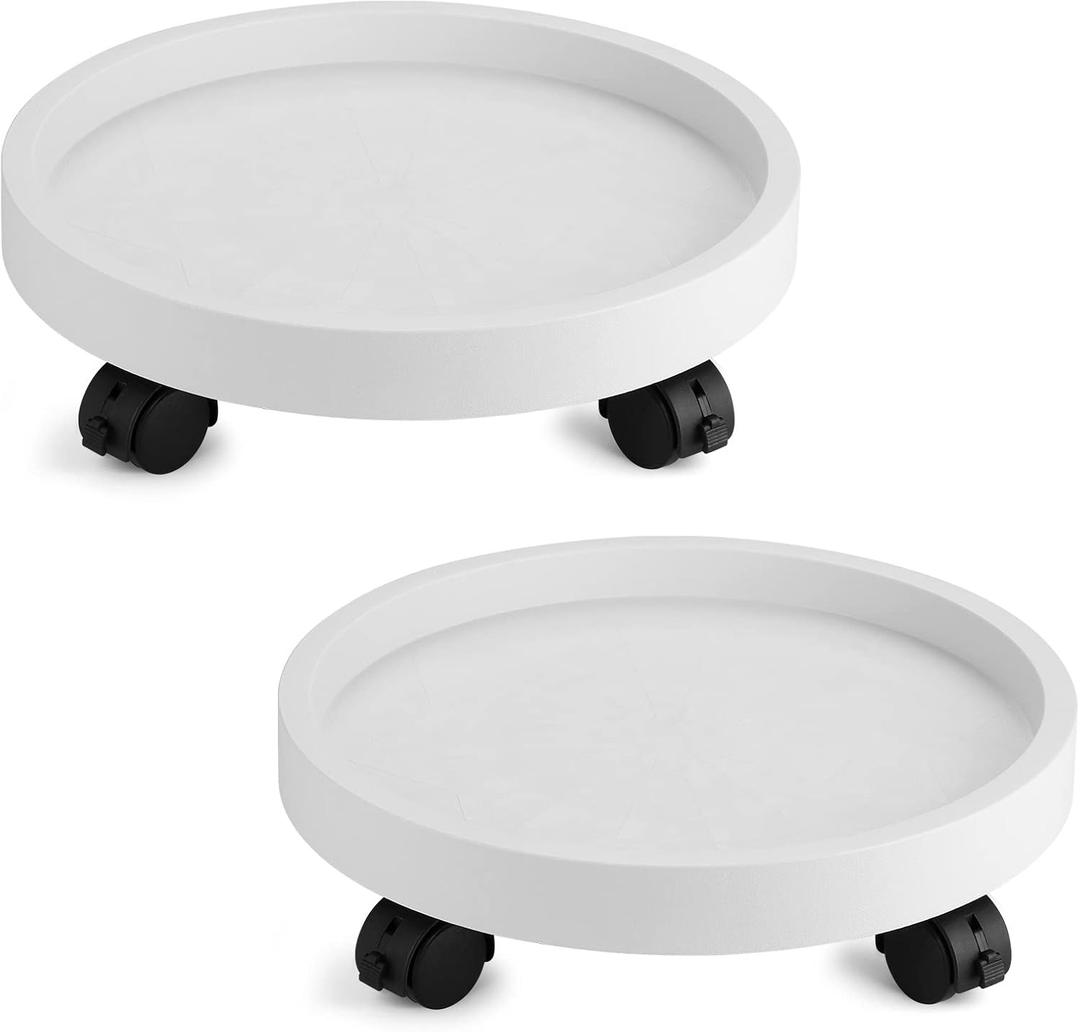 Plant Caddy Heavy Duty 13inch Plastic Round 2Pack Plant Dolly with Lockable Wheels Plant Stand Mover Indoor Outdoor for Planter Flower Potted Displaying (White)