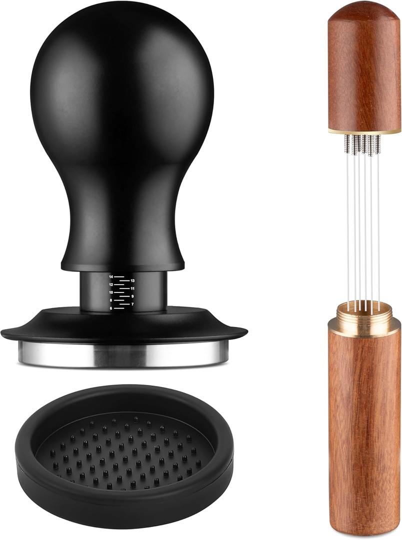 Espresso Distribution Tool Accessories - 53mm Spring Loaded Coffee Calibrated Tamper Kit with Needles, WDT Stainless Steel Espresso Stirrer Dosing Funnel Set for Barista Coffee Machines