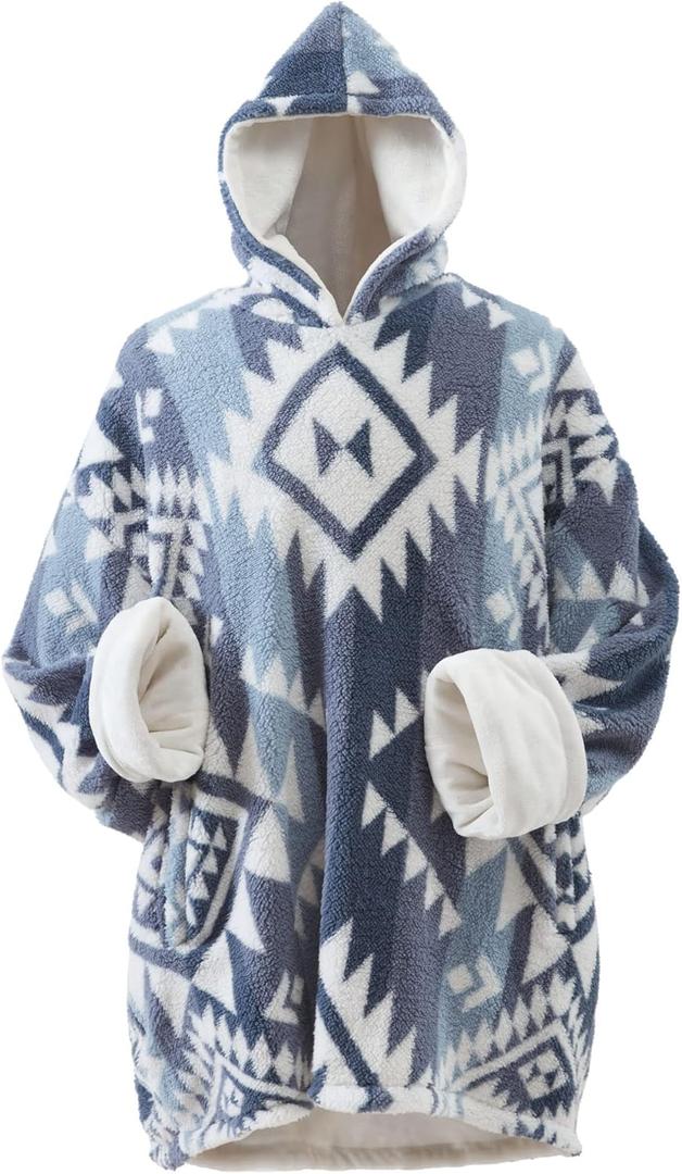 Coleman Oversized Wearable Sherpa and Micro-Mink Blanket Hoodie, Blue - One Size Fits Most