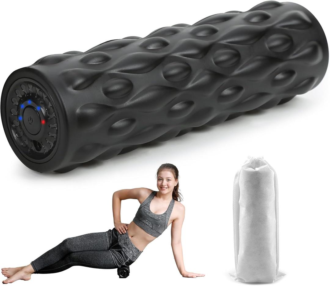High-Density Vibrating Foam Roller Black with 4 Customizable Speeds for Deep Tissue Massage, Muscle Recovery and Pain Relief -Rechargeable with Portable Bag