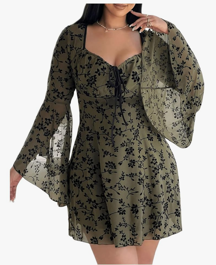 Women's Plus Size Floral Sweetheart Neck Mini Neck Dress Bow Tie Knot Long Sleeve Flowy Boho Dresses, XL