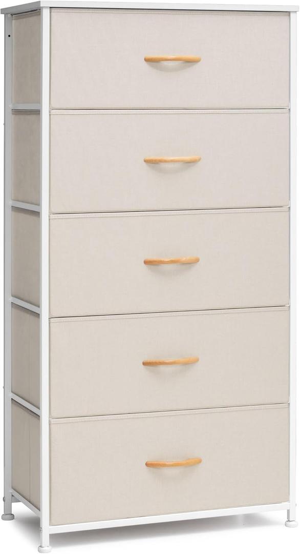 Crestlive Products Vertical Dresser Storage Tower - Sturdy Steel Frame, Wood Top, Easy Pull Fabric Bins - Wide Organizer Unit for Bedroom, Hallway, Entryway, Closets - 5 Drawers(Beige) (Beige)
