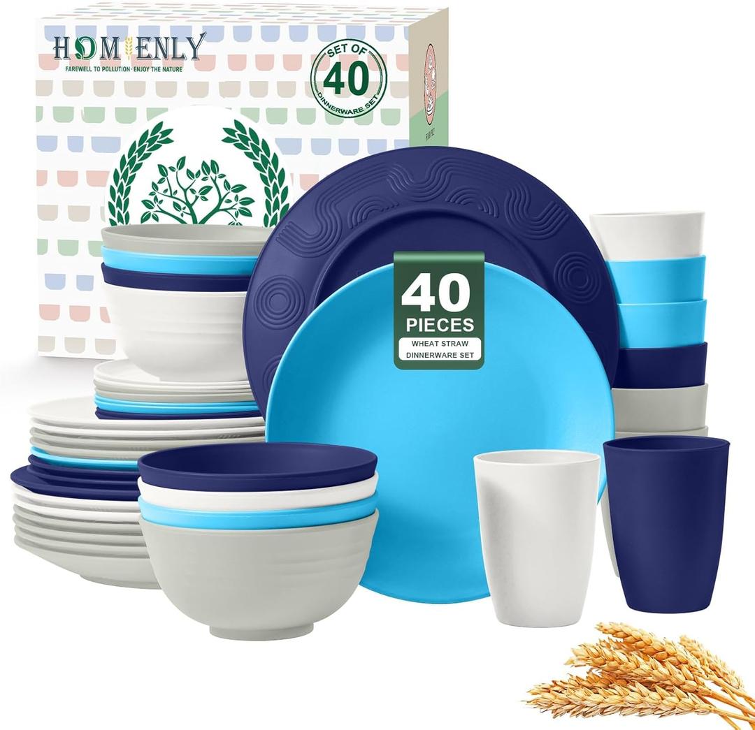 Homienly 40 PCS Wheat Straw Plates and Bowls Sets, Cups Sets, Service for 8, Unbreakable Microwave and Dishwasher Safe Dinnerware Sets,Reusbale Plastic Dishes Set - Island, Matte
