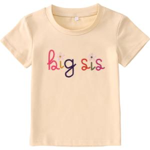 Big Sister Shirt for Toddler Baby Girl Embroidered Big Sis Announcement T-Shirt Gift Sibling Reveal Top Outfit (18-24 Months, Beige)