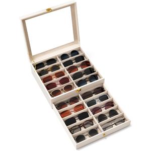 Sunglasses Organizer Storage Box - 20 Slots Eyeglass Display Case for Multiple Pair Glasses, 2-Layer Holder with Clear Glass Lid, Jewelry and Watch Collection Box for Women and Men, White