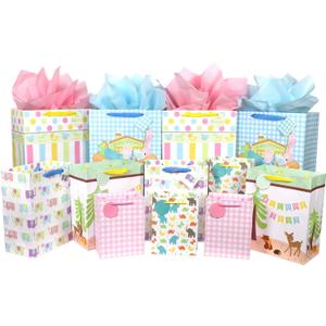 12 Pcs Baby Gift Bags, Large, Medium and Small Gift Bags Assortment for Baby Shower, Birthday, Parties, Baby Girl, and Baby Boy (Assorted Sizes)