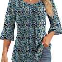 Ficerd Women's 3/4 Bell Sleeve Tops Crew Neck Pleated Shirts Trendy Dressy Casual Loose Fit Tunic Blouses (XX-Large, Blue Floral)