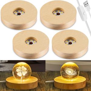 Honoson 4 Pcs LED Display Base Wooden LED Base Wood Light Display for Crystal Lighted Stand for Glass 3D Glass Resin Art(Round)