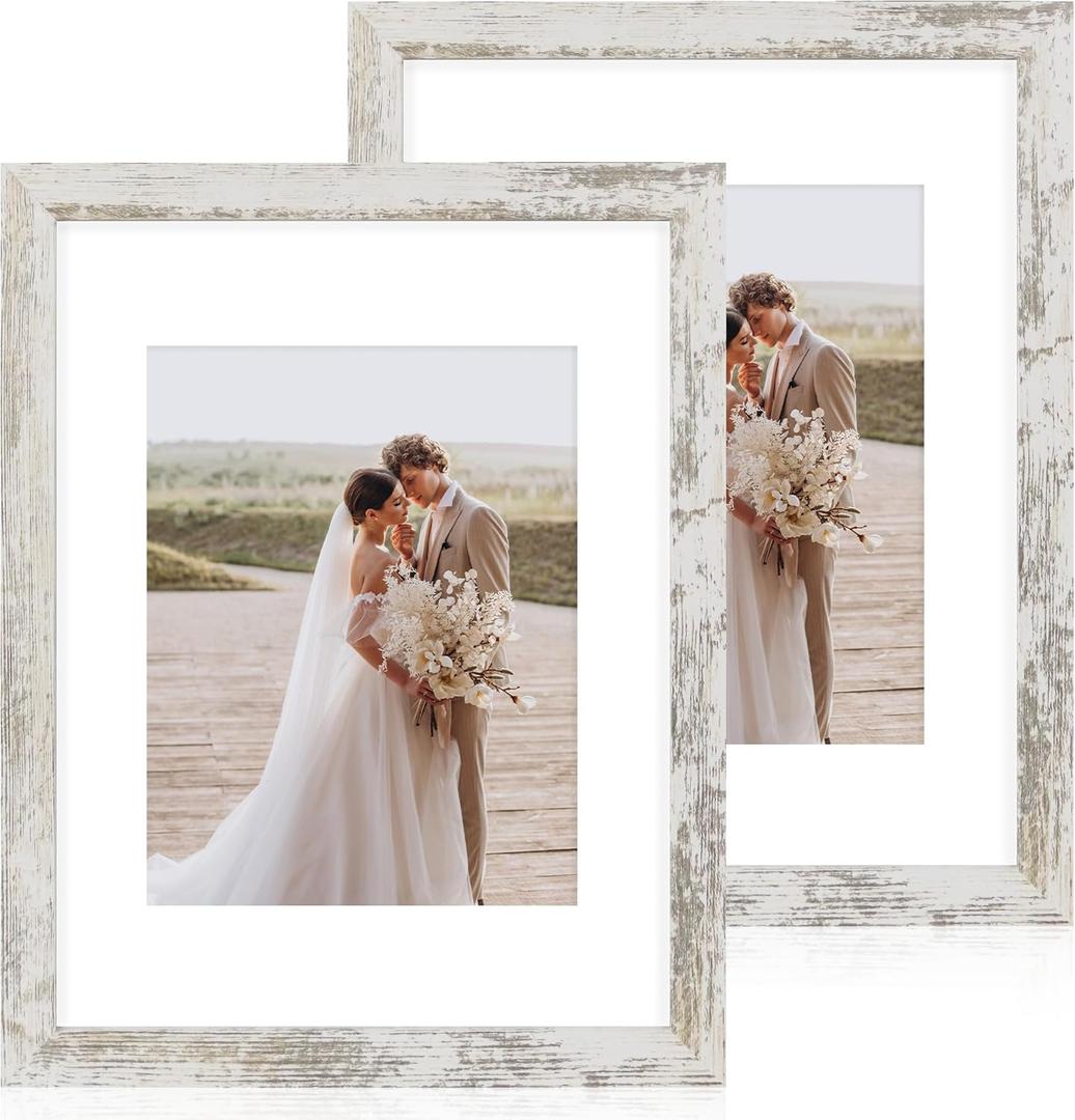 Hongkee 11x14 Picture Frame Set of 2, Made of Glass and Distressed White Wooden Frame, Display 8x10 Pictures with Mat or 11 x 14 Posters without Mat for Wall Mounting, Gallery Photo Frames