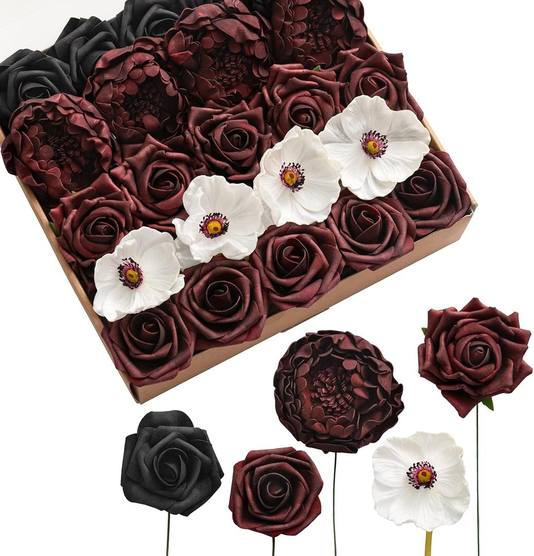 Ling's Moment Artificial Flowers Fake Roses Silk Poppy Faux Foam Peony Combo for DIY Wedding Bouquets Centerpieces Arrangements Bridal Shower Party Home Decorations, Dark Red & Black & White, 23pcs (Red-dark Red & Black & White)