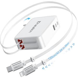 65W for MacBook Pro Charger,5-in-1 Retractable Wall Charger Plug for iPhone 17,3.94 ft PD USB C&Lightening Cable&3 Ports,Fast Charging Block for Mac Book Pro/Air,M1 M2 M3 M4 M5,iPad Pro,Galaxy,Pixel