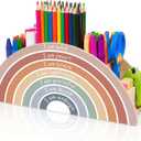 Back to School Boho Rainbow Pen Holder, 11.5" x 4.8" Desk Wooden Inspirational Positive Affirmations for Office Supplies Classroom Art Supply Makeup Brush Storage for Kids Present