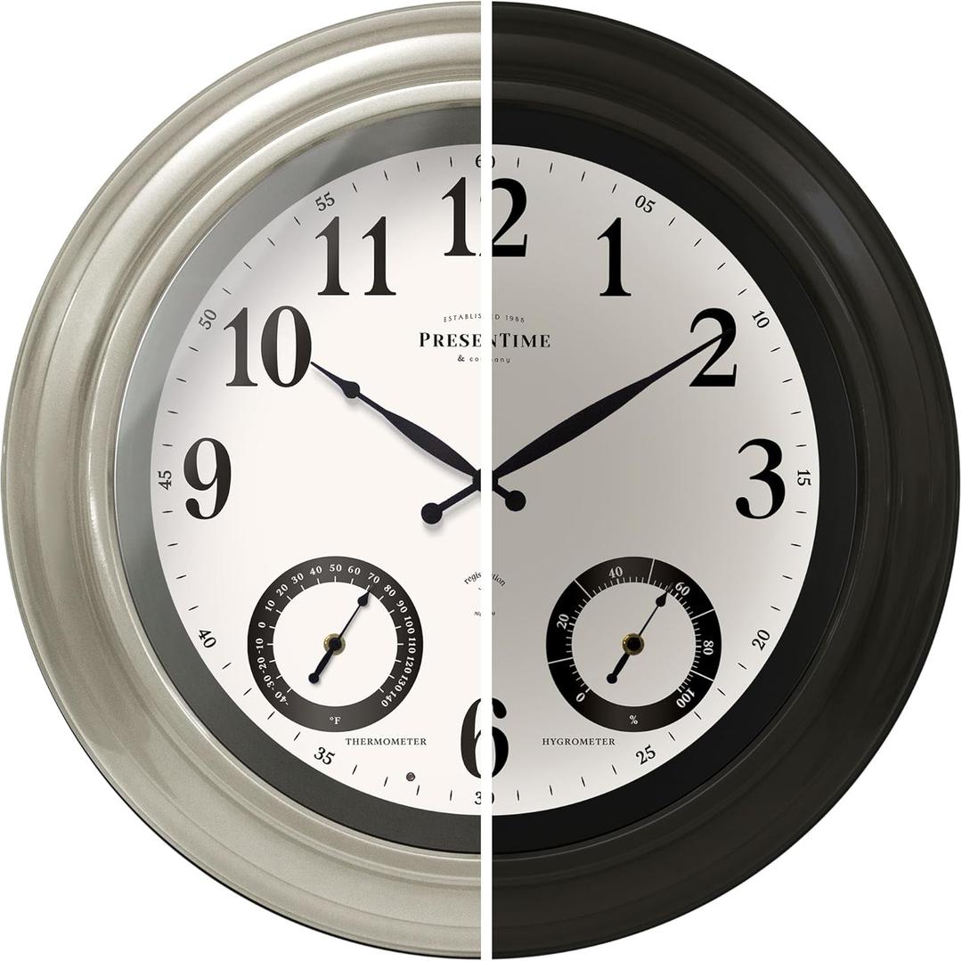 Presentime & Co 24" Jameson Illuminated in/Outdoor Clock, Modern Farmhouse, Self-Illuminated, Waterproof, Weather Station (Thermometer & Hygrometer), Metal Clock, Morning Silver. (Night Light) Presentime & Co 24" Jameson Illuminated in/Outdoor Clock, Modern Farmhouse, Self-Illuminated, Waterproof, Weather Station (Thermometer & Hygrometer), Metal Clock, Morning Silver. (Night Light)