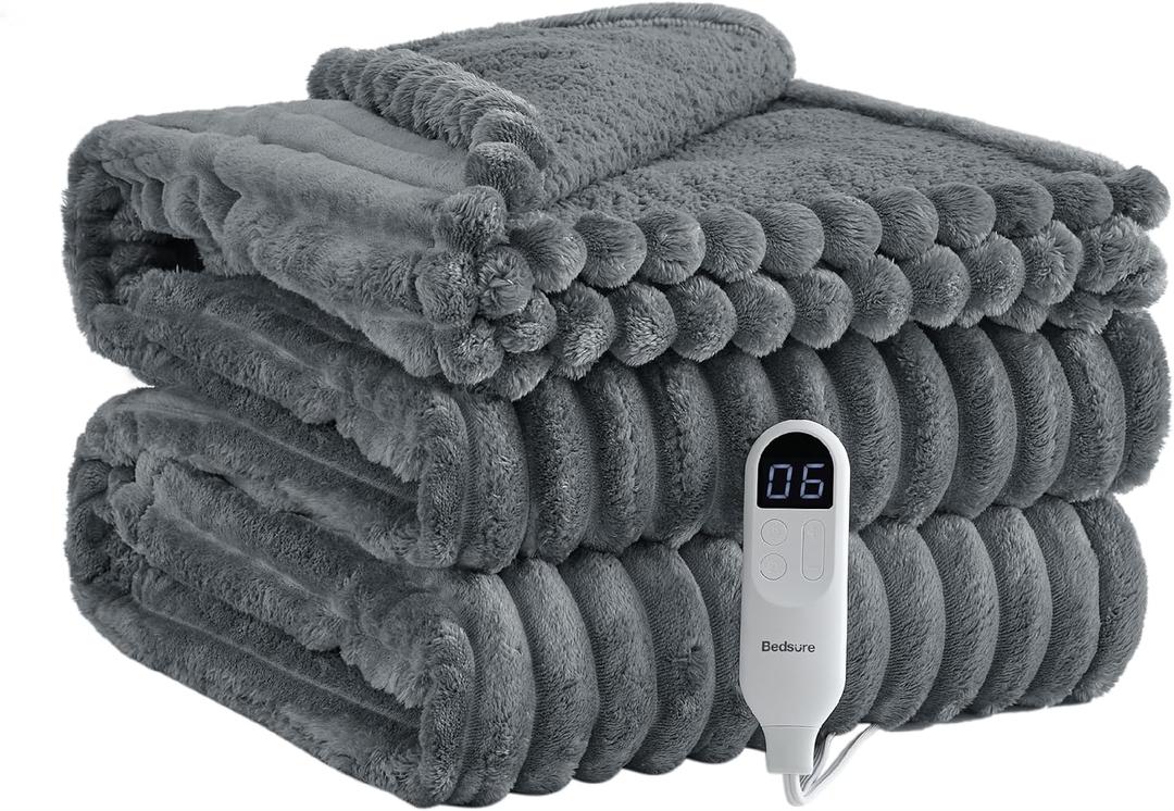 Bedsure Electric Blanket Full Size - Thick Striped Flannel Heated Blanket with 6 Heat Settings, Heating with 10 Time Settings, 8-Hour Timer Auto Shut Off, Gift for Grandma (72x84 inches, Grey)
