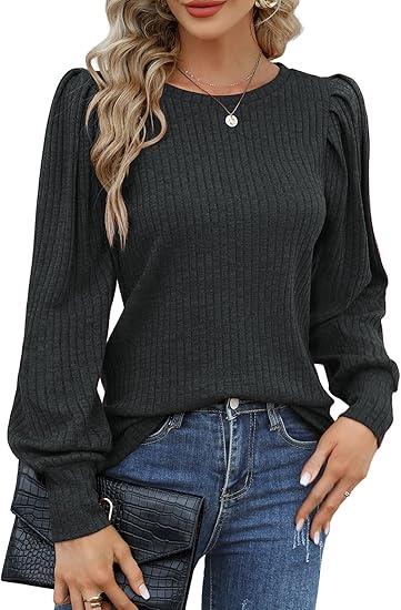 HOTOUCH Women's Knit Blouse Soft Puff Long Sleeve Shirt Tops Lightweight Round Neck Pullover Sweater , Size L
