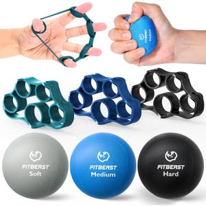 FitBeast Grip Strength Trainer  6 Pieces Hand Therapy Kit with Finger Extension Exerciser & Stress Balls for Adults, Rehab & Strength Training  for Men, Women, and Seniors