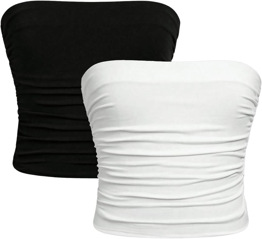 Milumia Girl's 2 Pack Tube Top Ruched Strapless Going Out Basic Bandeau Tops Black and White 9 Years