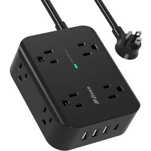Extension Cord 15FT - 8 Outlets Power Strip Surge Protector with USB Ports, Heavy-Duty Braided Extension Cord, Flat Plug, 15A Circuit Breaker, Charging Station Overload Protection (Black)