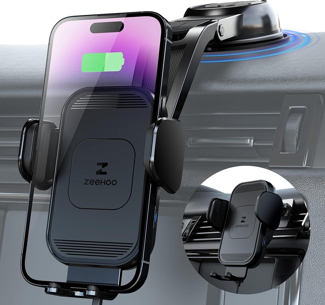 ZeeHoo Wireless Car Charger, 15w Fast Charging, Auto Clamping Car Phone Mount, Cell Phone Holder Charger, for iPhone 15 14 13 12 11 Pro Max Xs, Etc. (Black)