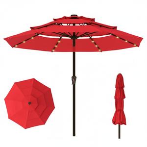 Patio Kingdom 10ft 3-Tier Patio Umbrella with 32 Solar Powered LED Lights, Windproof Outdoor Market Umbrella for Deck, Poolside & Garden, Sturdy Push-Button Tilt Table Umbrella, Red