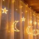 Dazzle Bright Ramadan Curtain String Lights, 138 LED 8.2 FT Warm White Star Moon Window Lights with Timer and 8 Lighting Modes, Waterproof Ramadan Decorations for Bedroom Wall Wedding Outdoor Party