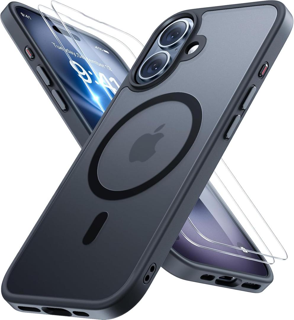 Miracase Magnetic for iPhone 16 Case [with 2X Screen Protectors] [Compatible with MagSafe] Slim Thin Phone Case Military-Grade Protected for iPhone 16 Cover Bumper, Black
