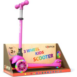 Pink Mini 3 Wheel Scooter for Kids Lean-to-Steer with LED Light-Up Wheels, Adjustable Handlebar, Wide Anti-Slip Deck, Smooth PU Wheels, Rear Foot Brake Toddler Scooter for Ages 2+
