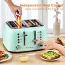 Roter Mond Toaster 4 Slice Retro Stainless Steel with Extra Wide Slots Bagel, Defrost, Reheat Function, Dual Independent Control Panel, Removable Crumb Tray, 6 Browning Levels, Aqua Green