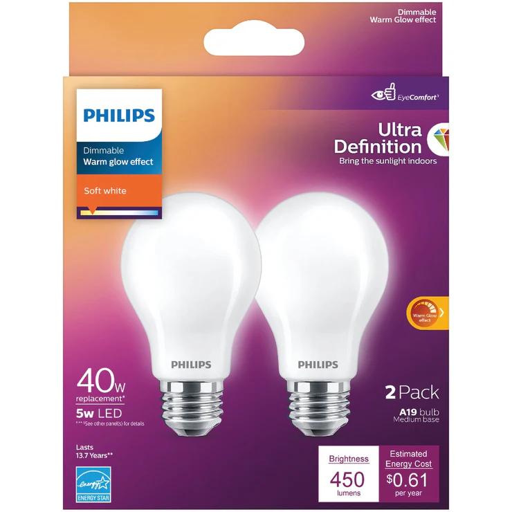 Philips Ultra Definition Warm Glow 40w Equivalent Soft White A19 Medium Led Light Bulb (2-pack)