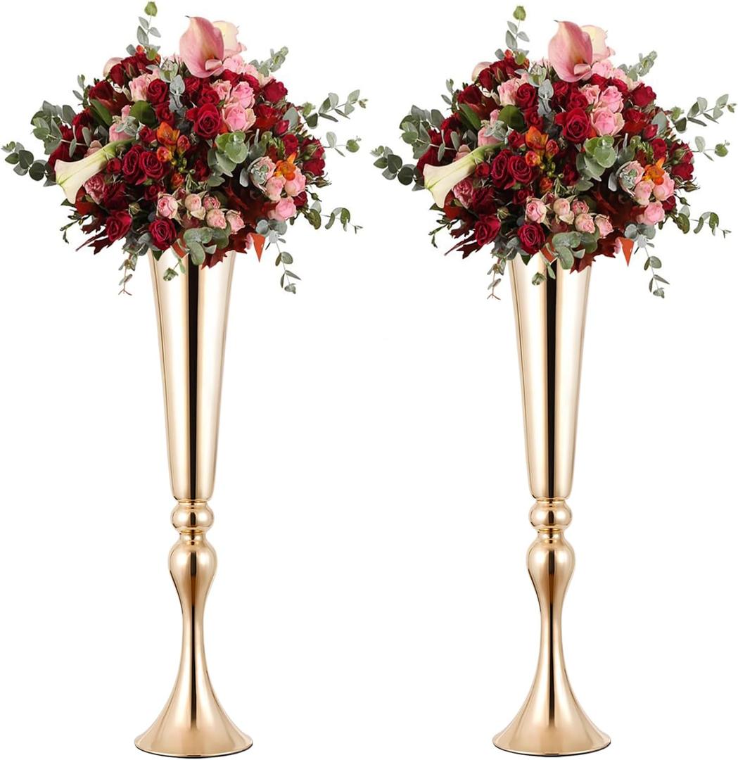 2 Pcs 22" Tall Gold Vases Metal Flower Arrangement Stand, Versatile for Centerpieces, Decoration for Table, Party, Wedding