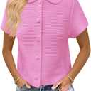 Saodimallsu Womens Short Sleeve Cropped Cardigans Casual Summer Button Down Collared Lightweight Loose Knit Sweater Top (Large, Pink)