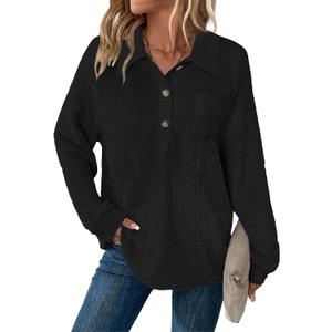 Women's Tops Waffle Knit V-Neck Long Sleeve T-shirts Button Down with Pockets Tunic Fashion Clothing (XXL, Black)