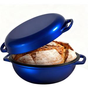 2-in-1 Multifunctional Enameled Cast Iron Dutch Oven, 6QT Loaf Pan with Dual Handles, Perfect for Baking Sourdough, Roasting, Braising & Stews, Oven & Stovetop Safe, Easy to Clean & Pre-Seasoned (Blue)