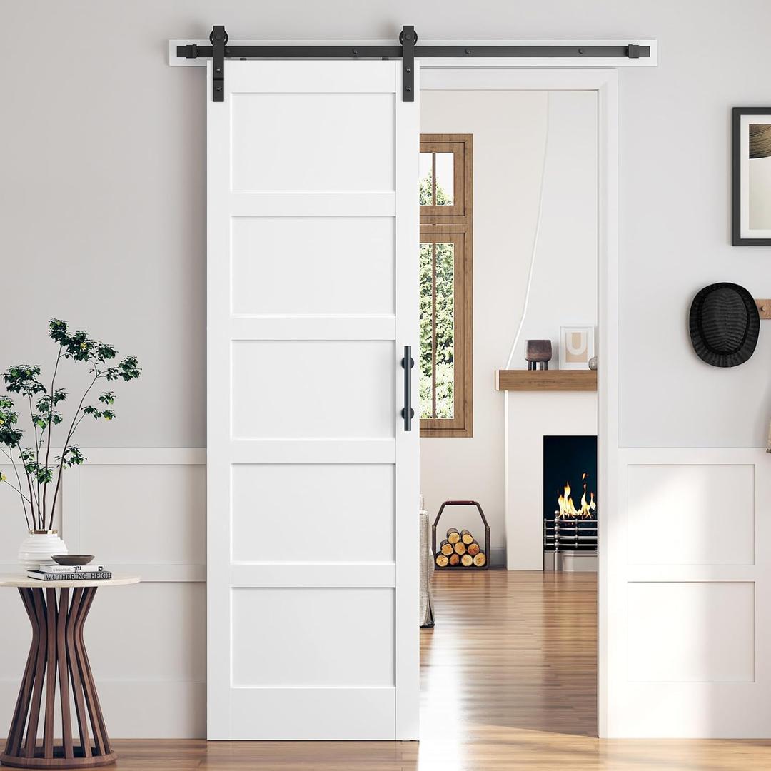 32x96 Inch White Sliding Barn Door Slab with 5.5ft Hardware Kit Included, 5-Panel, MDF Wood Panel Covered with Water-Proof Scratch-Proof PVC Surface, Simple DIY Assembly