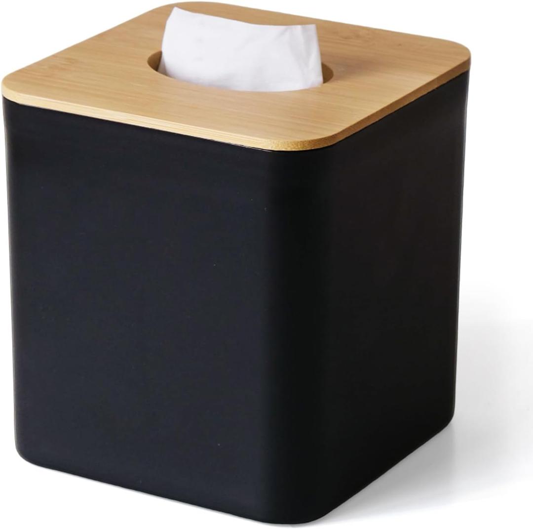 Black Tissue Box Cover, Square Tissue Box Holder with Bamboo Cover Plate, Cube Tissue Box Cover for Desk Accessories, Tissue Holders Decorative Square Tissue Box Tissue Holders for Bathrooms Bedrooms