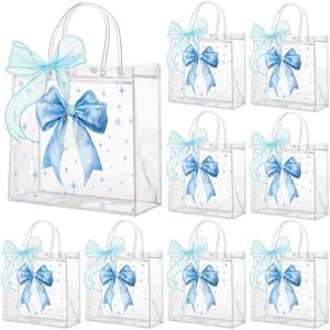 Wesnoy 24 Pcs Blue Bow Clear PVC Gift Bags with Handles Coquette Bowknot Party Favor Candy Treat Tote Bags for Birthday Party Supplies (Bow)