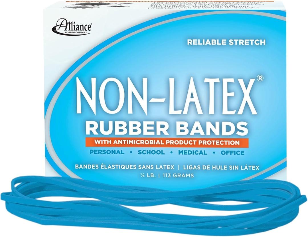 Alliance Non-Latex Latex Rubber Bands with Antimicrobial Protection, Size 117B, 7 x 1/8 Inches, Cyan Blue, 1/4 Pound Box (42179)