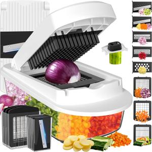 8 Blade All-in-1 Vegetable Chopper Mandoline Slicer with Container, Food Chopper, Onion Chopper, Veggie Cutter for Salad, Kitchen Gadgets Accessories Essentials, White