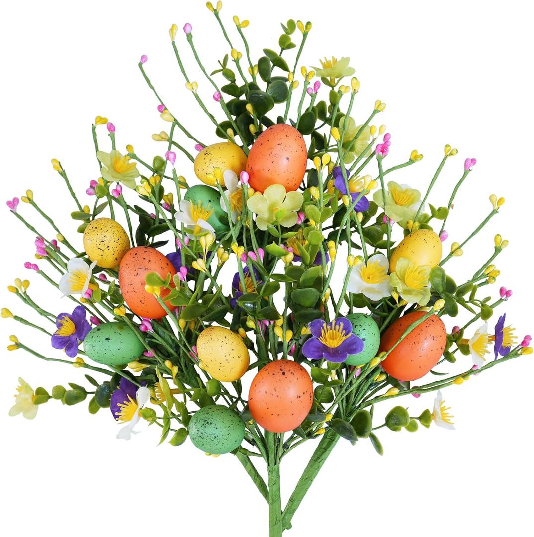 Winlyn 4 Pcs Artificial Easter Egg Picks Decorative Egg Sprays with Flowers and Pip Berries Spring Floral Stems 11.8" L for Easter Wreath Garland Table Centerpiece Spring Holiday Floral Arrangements