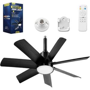 NWOP 28 Inch Socket Fan Light with Remote Control, Screw in E26/E27 Ceiling Fan with LED Light, 3000-6000K Adjustable Color Temp, 6 Speeds, Timer, for Bedroom Kitchen Living Room Garage, Black, Medium