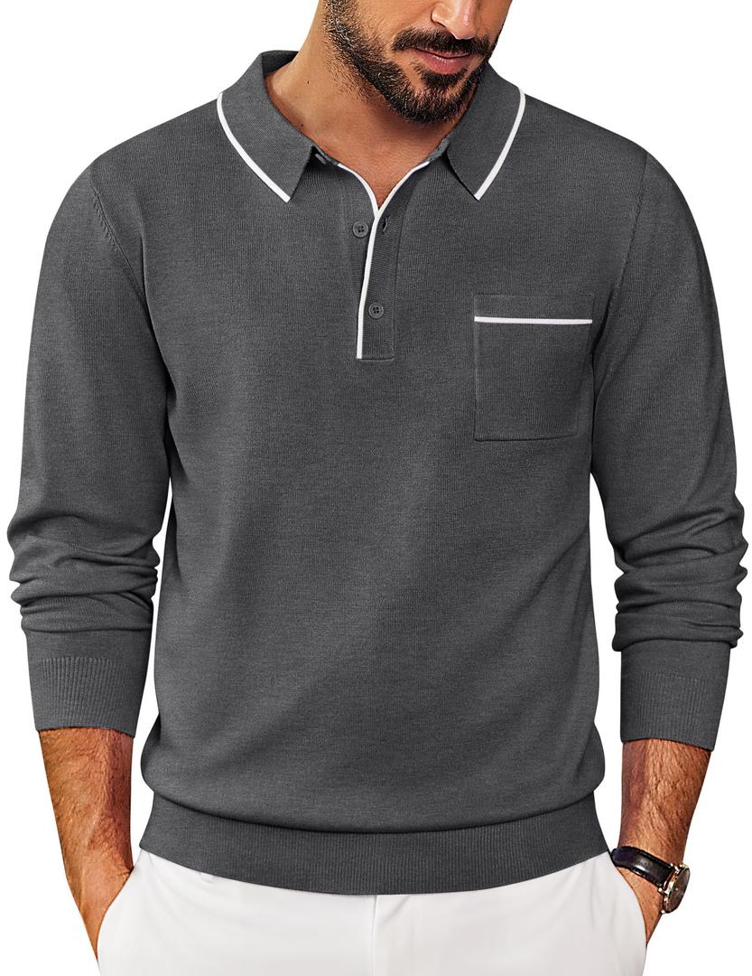 COOFANDY Mens Knit Polo Long Sleeve Collared Sweater Polo Business Casual Polos with Pocket.2XL