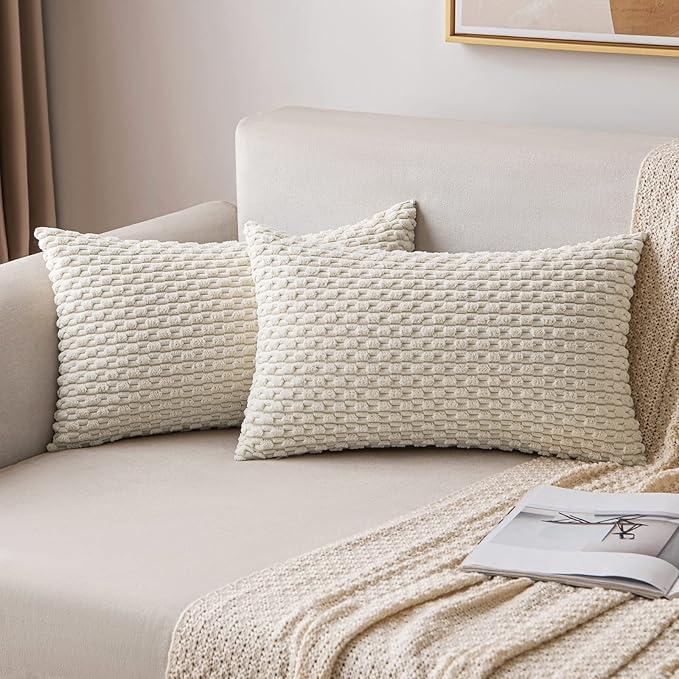 MIULEE Throw Pillow Covers Soft Corduroy Decorative Set of 2 Boho Striped Pillow Covers Pillowcases Farmhouse Home Decor for Couch Bed Sofa Living Room 12x20 Inch Cream White