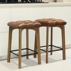 Bar Stools Set of 2, BarEasy 24 inch Counter Height Bar Stools, Barstools Upholstered Faux Leather Bar Stool, Solid Wood Backless Bar Stools For Kitchen Counter Island, Breakfast Bar, Restaurant-Brown