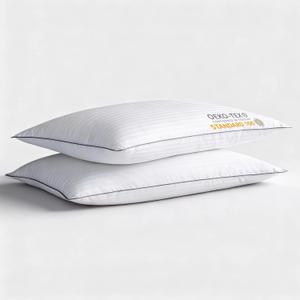 Ultra Thin Flat Soft Bed Pillows Standard Size Set of 2 Pack for Sleeping, Hypoallergenic Squishy Pillow for Stomach Back Sleeper, Machine Washable White Striped, 20x26 inches